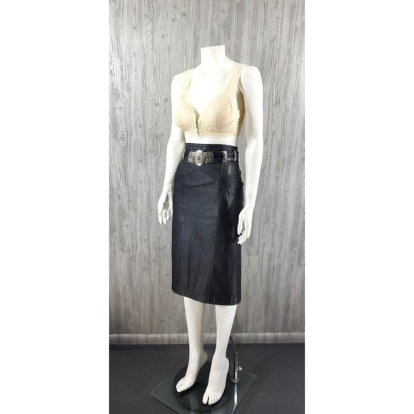 Dresses & Skirts - 80s 90s Black Leather Skirt Midi Skirt Pencil High Waist Wiggle Vintage Biker